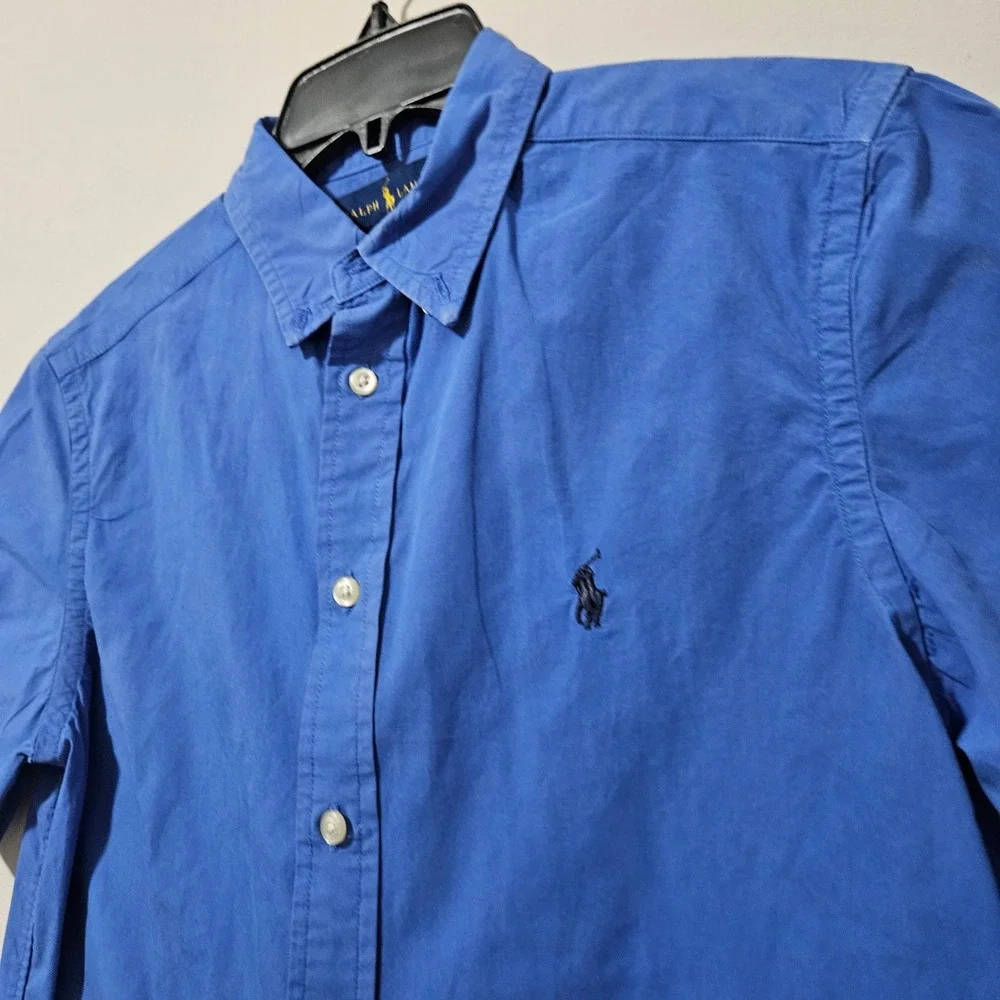 Ralph Lauren Boys Blue Short Sleeve Button Down Shirt‎ Size L 14-16 Cotton Pony